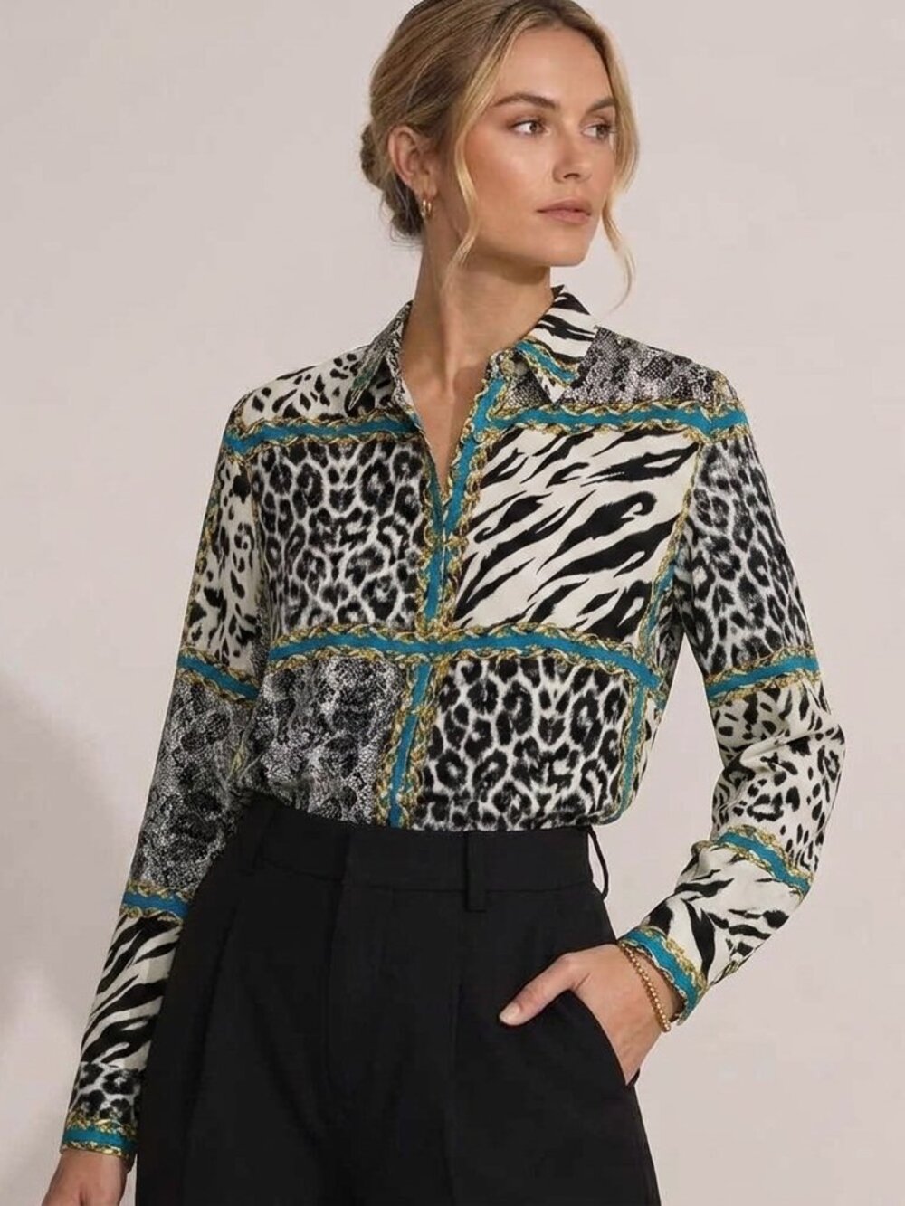 Misho NEW Women's 100% Silk Shirt Blouse Size 16 Collage Animal Print